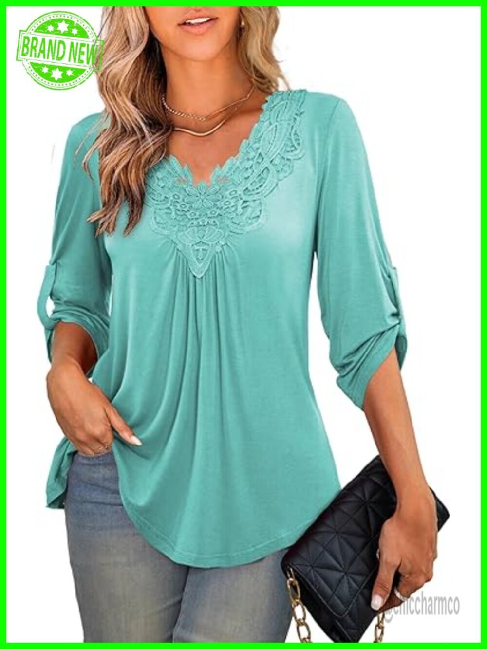 Plus Size Tunic Top 3/4 Roll Sleeve Lace Crochet V Neck Blouse